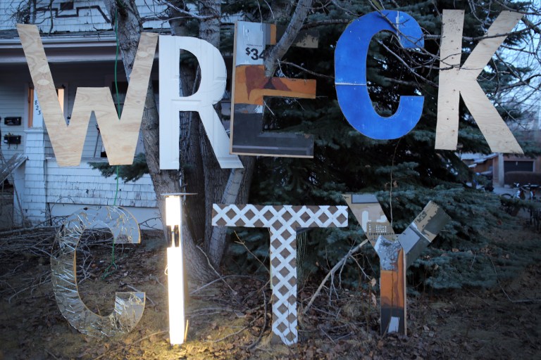 02 WRECK CITY sign, artwork by Caitlind r.c. Brown and Wayne Garrett, photo by Caitlind Brown